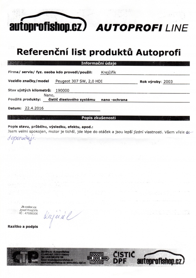 Reference - Čistič dieselového sys., Nano ochranu motoru.- Peugeot 307 SW, 2,0 HDI, Josef Krejčiřík